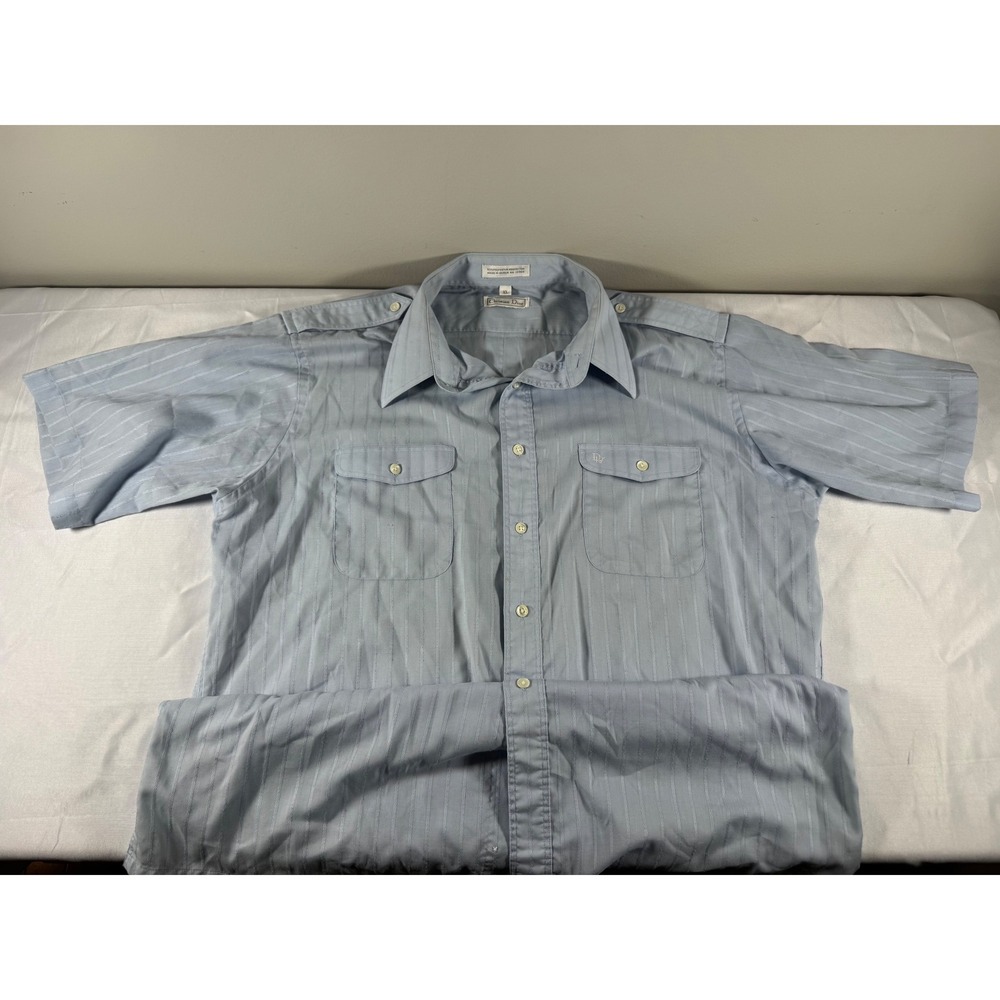 Vintage 80s Christian Dior Mens Blue Striped Short Sleeve Button Up XL Epaulets